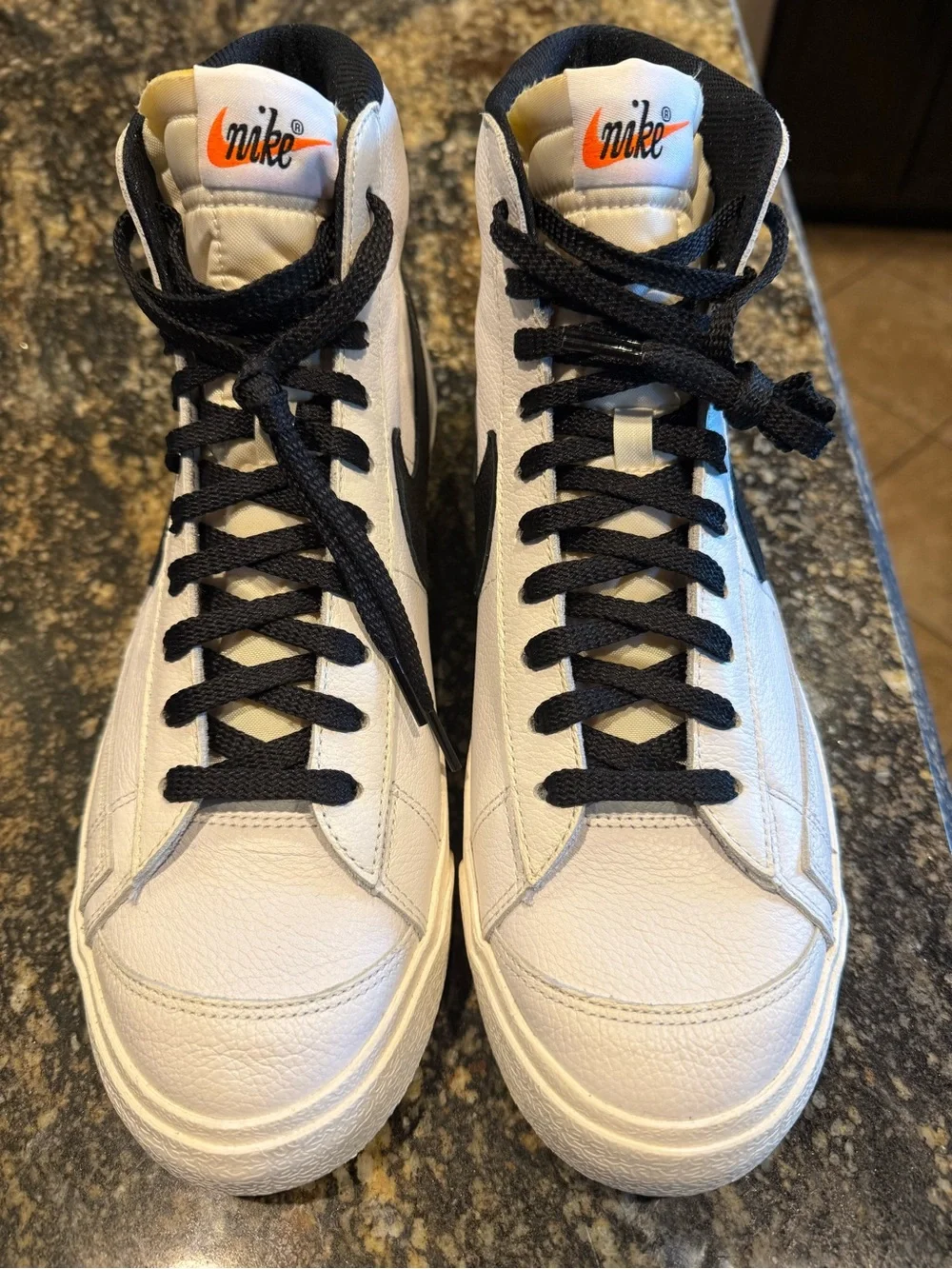 Nike Men's White High-Top Sneakers with Black Swoosh and Green Heel Tab (Custom)